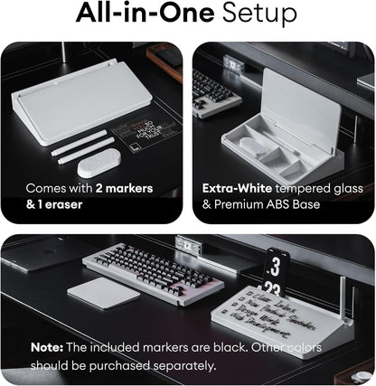 Glass Desktop Whiteboard with Storage 12"x6.5", Glass Whiteboard Desk Dry Erase Board w. 2 Markers,1 Eraser Monitor Mono Board, Office Desk Accessories, Work from Home Essentials