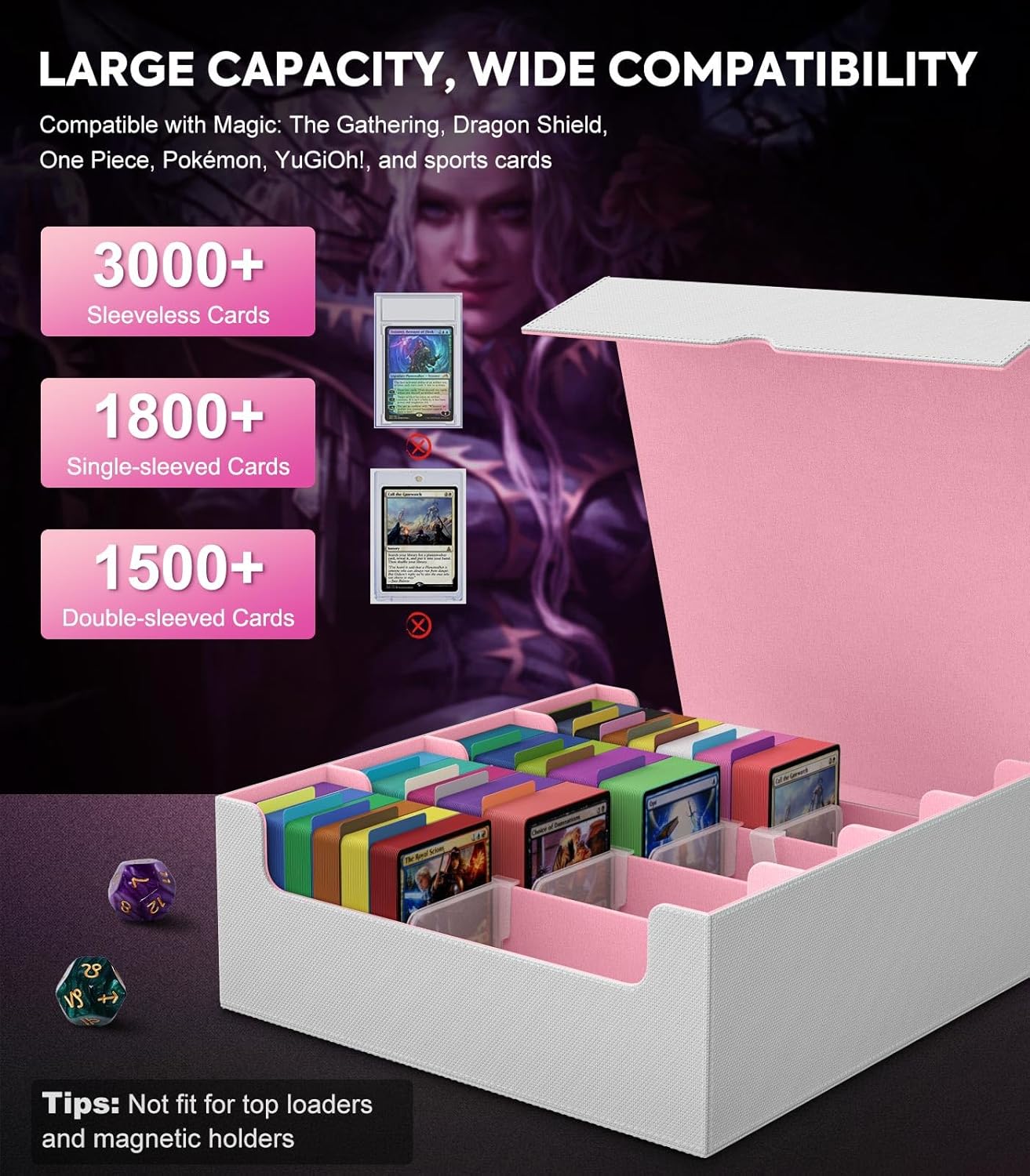 MoKo Trading Card Storage Box, 3000+ MTG Deck Box with 24 Colorful Dividers & 4 Card Supporters, Commander Card Deck Case Fits for Magic Game Cards, YugiOh, TCG, PTG and Sport Cards, White+Pink