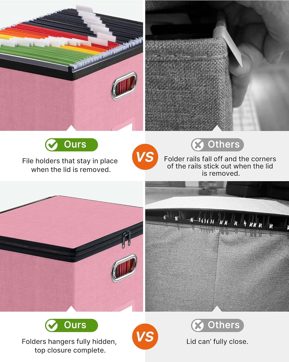 Oterri 2 Pack Large File Organizer Boxes with Lids, File Box with Mesh Pockets, Document Organizer Box for Legal/Letter Size Folders, Zippers Important Document Organizer (Pink, Without Folders)