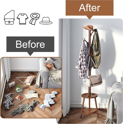 FILWH Freestanding Coat Rack with Umbrella Organizer Tray Bamboo Coat Tree Rack with 8 Hook Stand for Clothes Bag Hats Entryway Hanger Stand(Brown)