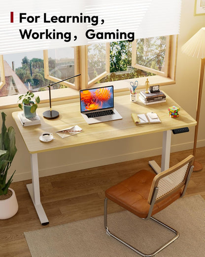 SANODESK Electric Standing Desk 40 x 24 Inches Whole-Piece Desktop Height Adjustable Stand Up Desk w/6-Button Controller Ergonomic Computer Desk for Home Office, White Frame + Natural Tabletop