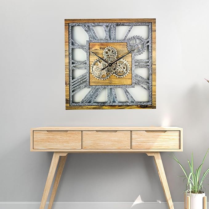 ImprovingLife The Gears Clock 24'' Inch Square Real Moving Gear Wall Clock Vintage Industrial Oversized Rustic Farmhouse (Wood and Stone)