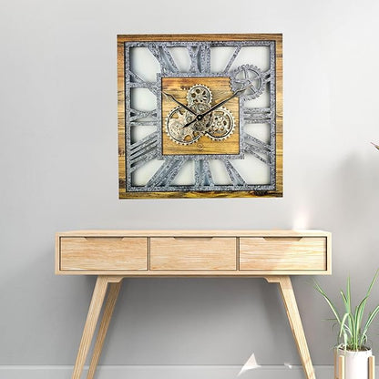 ImprovingLife The Gears Clock 24'' Inch Square Real Moving Gear Wall Clock Vintage Industrial Oversized Rustic Farmhouse (Wood and Stone)