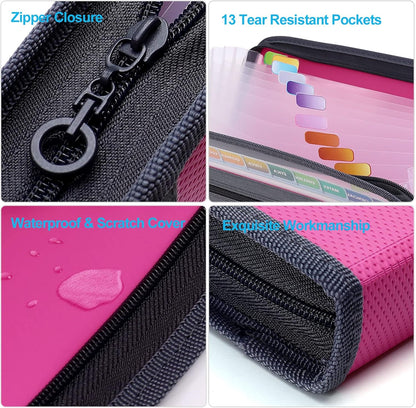 MEGREZ Expanding File Folder with 13 Pockets, A4 Paper File Folder with Zipper Color Labels, Waterproof Accordion File Folder Organizer for Home Office, Pink