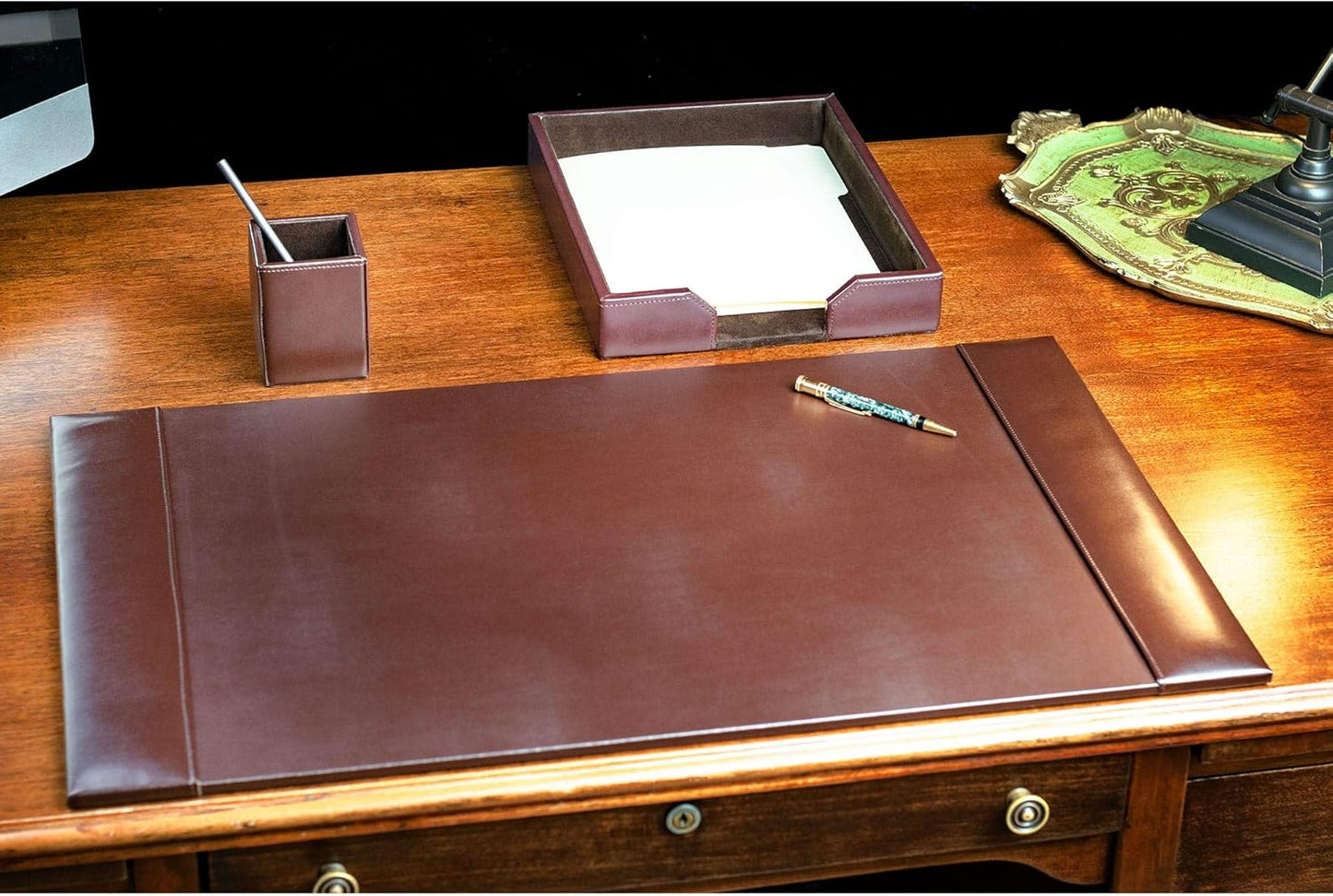 Dacasso Bonded Set Luxury Leather Desk Pad & Desk Organization Essentials, 3 Piece, Dark Brown
