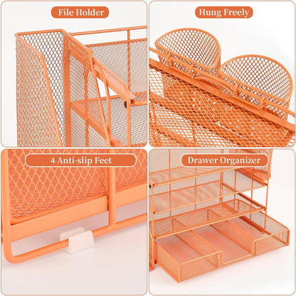 gianotter Paper Letter Tray Organizer with File Holder, 4-Tier Desk Accessories & Workspace Desk Organizers with Drawer and 2 Pen Holder for Office Supplies (Orange)