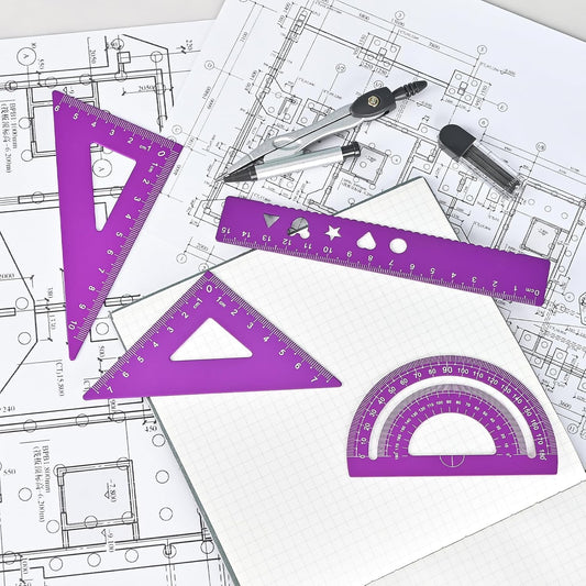 6 Pcs Metal Geometry Set, Math Geometry Kit, Metal Ruler Set and Compass Geometry Tool, Rulers Protractor and Compass Set for Student School and Drawings Supplies (Purple)