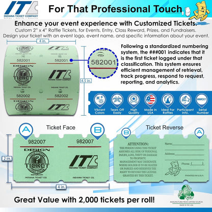 INDIANA TICKET CO. 1000 Custom Marquee 2"x 4" Double Roll Raffle Tickets– Add Your Events Logo/Text, Event Tickets, Fundraiser, Classroom Rewards, Entry, Prize Tickets, Carnival, (8 Colors Selection)