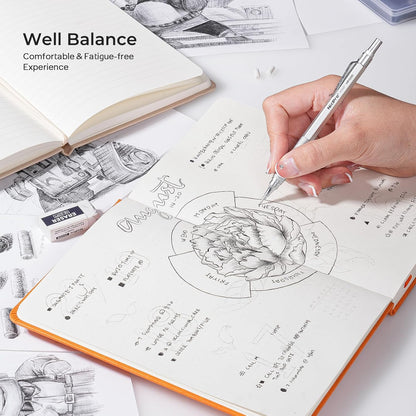 Nicpro 4 Pack Metal Mechanical Pencil Set 0.5 mm & 0.7mm with Case, Artist Pencil MP1000 with 8 Tubes HB & 2B Lead Refill, 3 Eraser, 9 Eraser Refill For Art Writing Drafting Drawing,Black & Silver