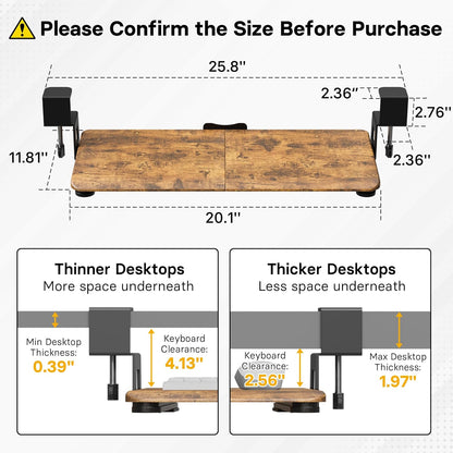 BONTEC KMT01-PJ Under Desk Keyboard Tray, Pull-Out Keyboard & Mouse Platform with C-Clamp, 20 x 11.8 in Space-Saving Ergonomic Slide-Out Drawer, Rustic Brown