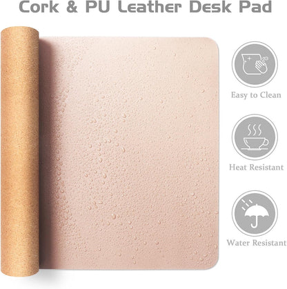 Aothia Double-Sided Desk Pad – 35.4" x 15.7" Leather Desk Mat with Eco Cork Protector, Large Mouse Pad, Waterproof Desk Blotter for Office/Home (Pink)