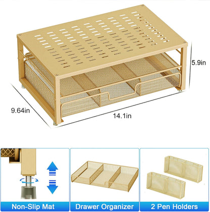 gianotter Desk Organizers and Accessories, Monitor Stand with Drawer and 2 Pen Holder, Desktop Organizer Suitable for Offices and Dormitories (Gold)