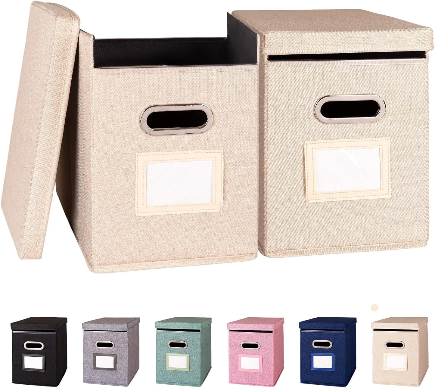 2 Pack Hanging File Folders Organizer with Lid, Letter Size Fabric File Storage Box Collapsible, Portable Office Document Holder with Metal Handle, Smooth PVC Rails, Beige