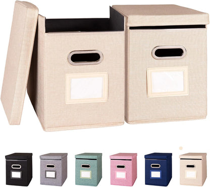 2 Pack Hanging File Folders Organizer with Lid, Letter Size Fabric File Storage Box Collapsible, Portable Office Document Holder with Metal Handle, Smooth PVC Rails, Beige