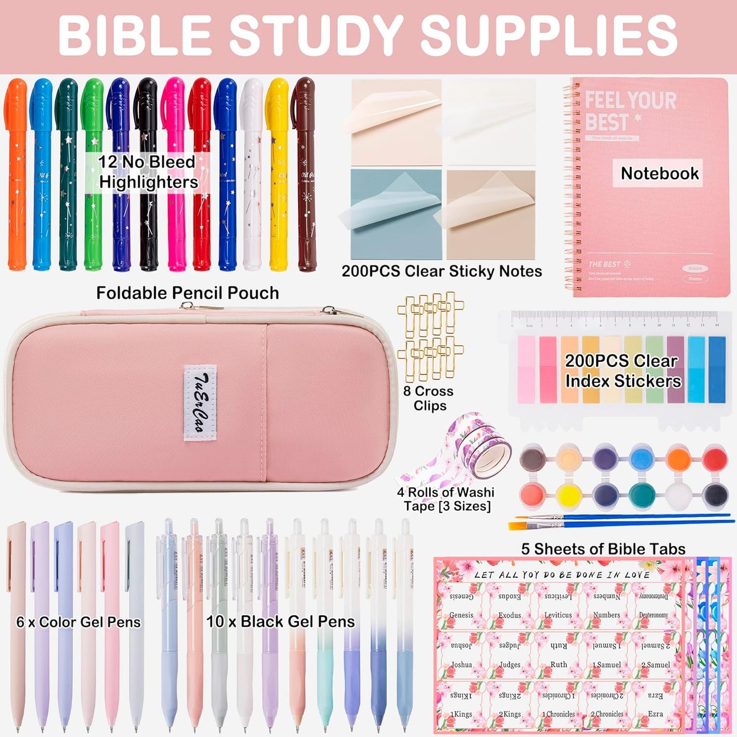 TuErCao Christian Gifts for Women - Bible Study Kit Includes Pencil Case, 12 Non Bleed Highlighters, 75 Bible Tabs, Washi Tapes, 16 Pens- Perfect Bible Journaling Supplies, Elegant Pink & Beige