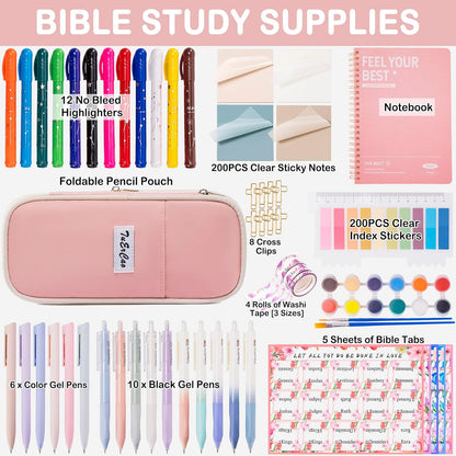 TuErCao Christian Gifts for Women - Bible Study Kit Includes Pencil Case, 12 Non Bleed Highlighters, 75 Bible Tabs, Washi Tapes, 16 Pens- Perfect Bible Journaling Supplies, Elegant Pink & Beige
