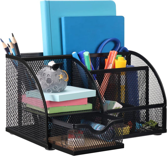 Comix Mesh Pen Pencil Holder Desk Organizer, 7 Compartment Wire Desktop Pen Pencil Cup Caddy Office Supplies for Home Office School, Black