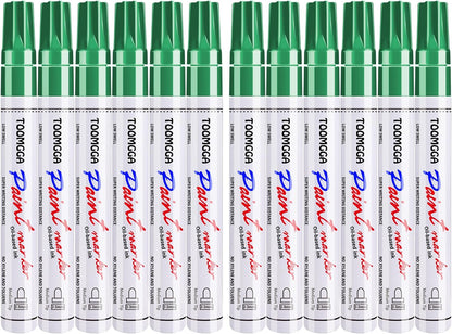 Green Permanent Paint Pens Paint Markers - 12 Pack Oil Based Markers, Quick Drying and Waterproof Marker Pen, Car Tire, Metal, Rock Painting, Wood, Fabric, Plastic, Canvas, Mugs
