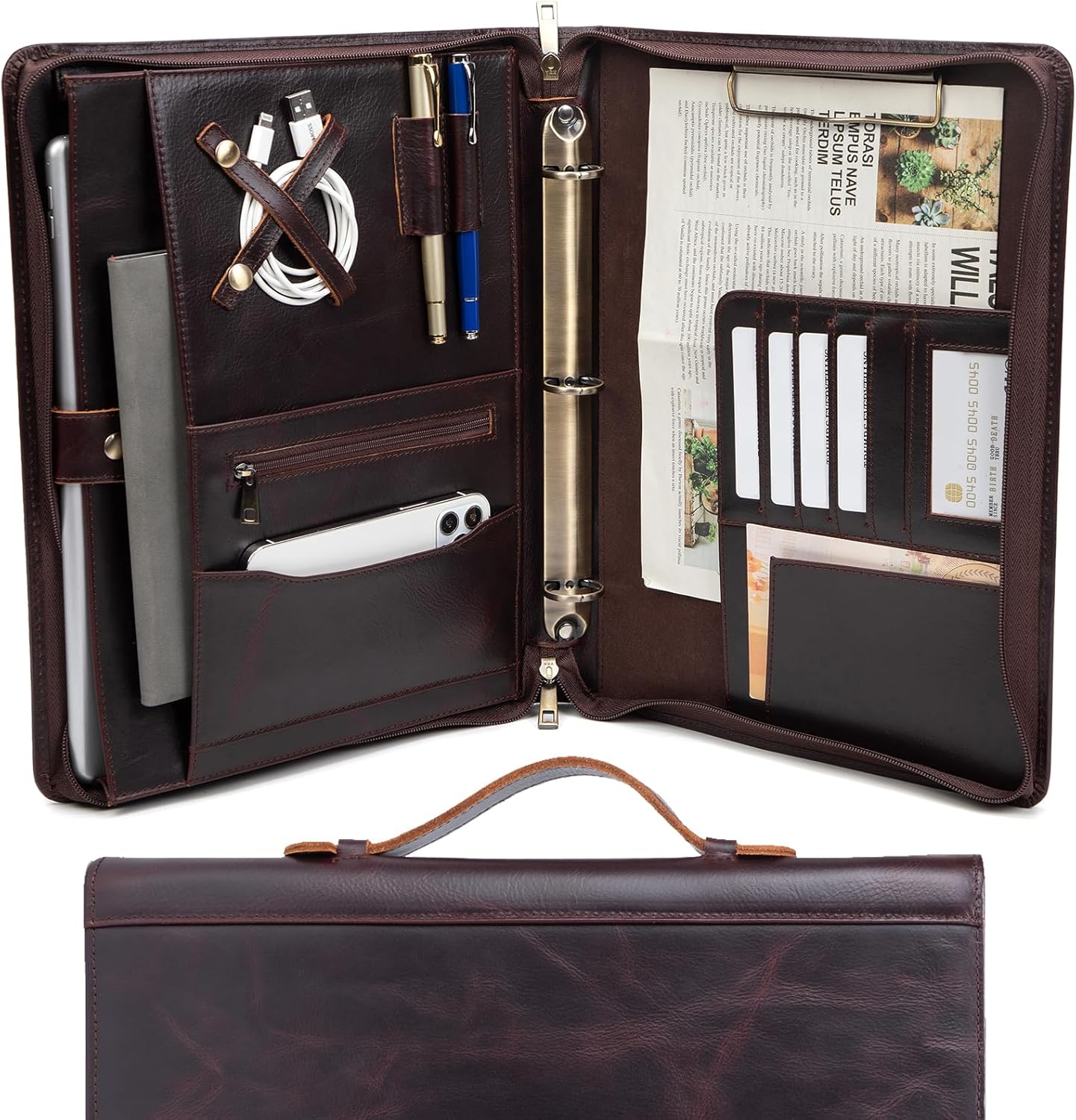 Genuine Leather Portfolio 3 Ring Binder with Clipboard, Hidden Handle, 8.5 x 11 Zippered Padfolio, Business Organizer Professional Executive Folio for Men and Women, Dark Brown, Oil Tanned