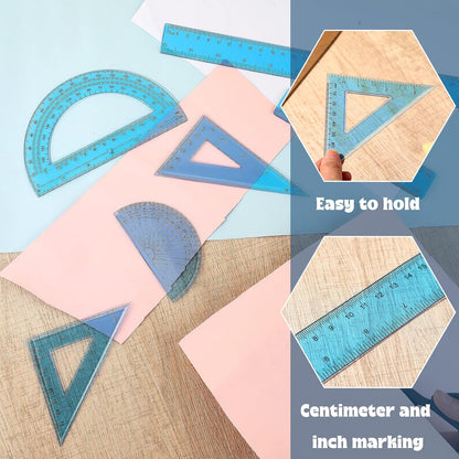 Zonon 1 Set Plastic Geometry Math Set Includes Drawing Compass, 6 Inch 4 Inch Protractor, 45/60 Degree Triangle Rulers 12 Inch 6 Inch Math Ruler Transparent for Office Supplies(Blue)
