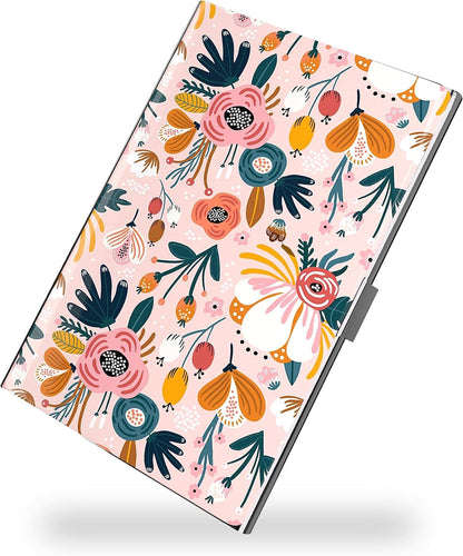 Business Card Metal Slim Organizer, Professional Stainless Steel Square Pocket Wallet for Office Workers, Compact and Portable for Pockets (Pink Flowers)
