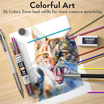 Nicpro 17PCS Metal 2mm Mechanical Pencil Set in Leather Case, 5 PCS 2.0 mm Lead Pencil Holders (4B 2B HB 2H 4H) 6 Tube Black Colored Lead Refills, Erasers, Sharpener For Art Drafting Sketching Drawing