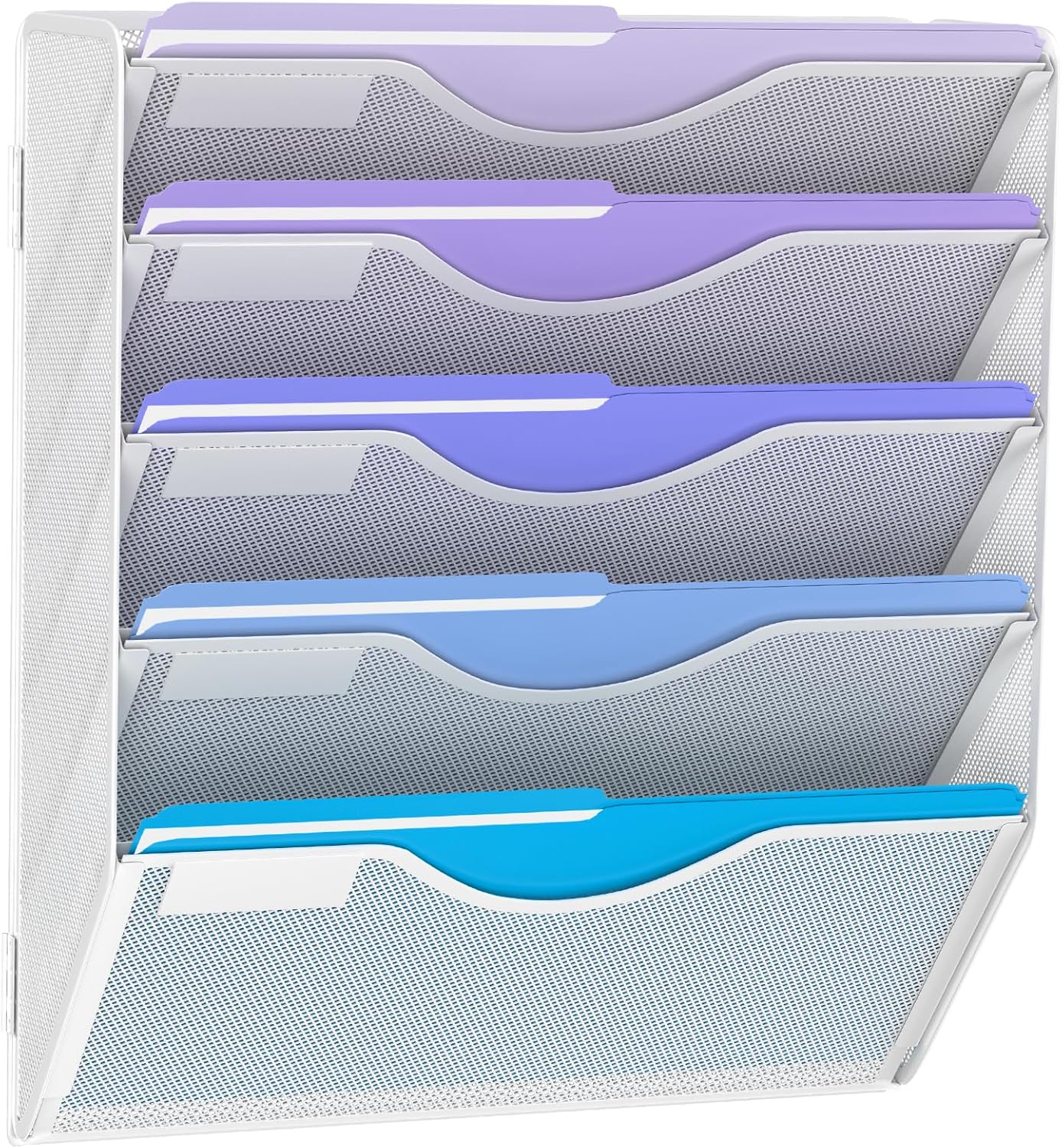 5 Tier Hanging Wall File Organizer, Mesh Mail Paper Orgnization Hanging File Folder Holder for Home Office, White