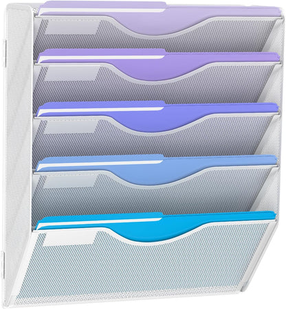 5 Tier Hanging Wall File Organizer, Mesh Mail Paper Orgnization Hanging File Folder Holder for Home Office, White