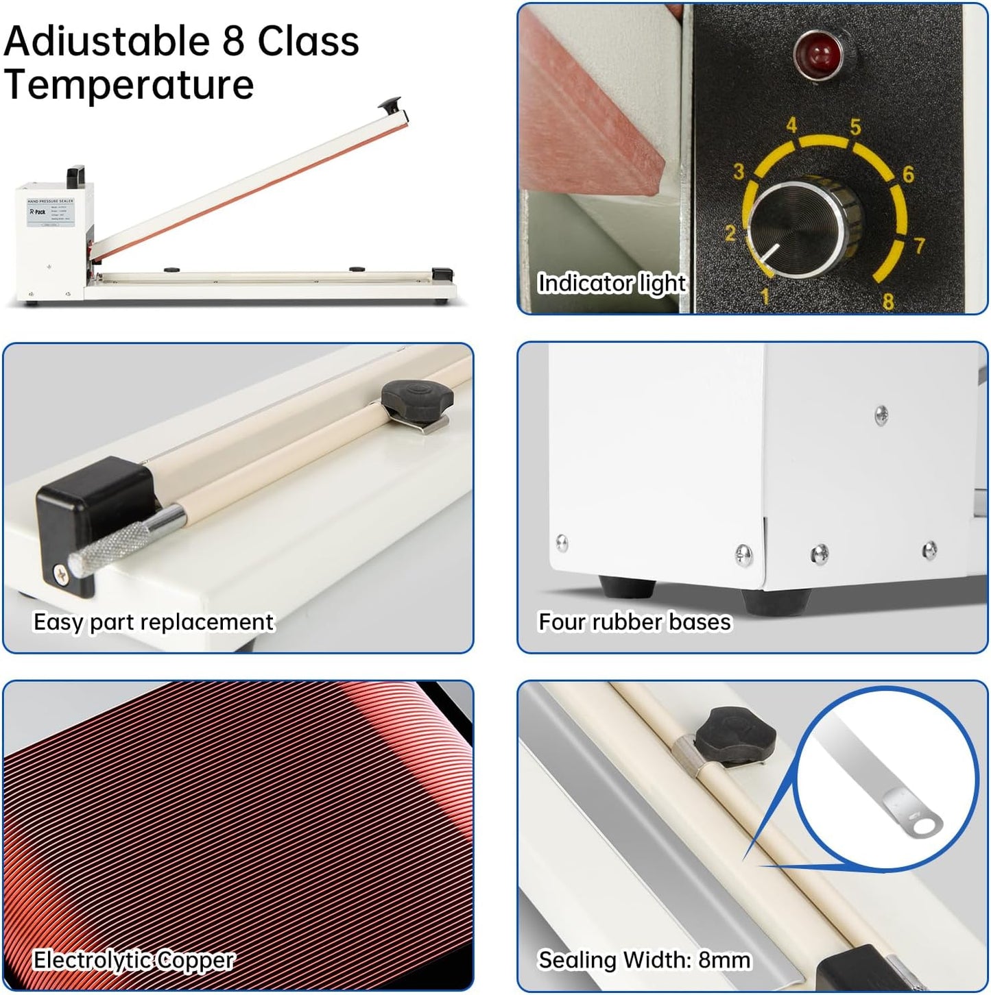 Impulse Heat Sealer with Seal bar, Heavy-Duty Bag Sealing & Cutting Machine, 8mm Sealing Width, 1 Extra Replacement (white, 30 inch)