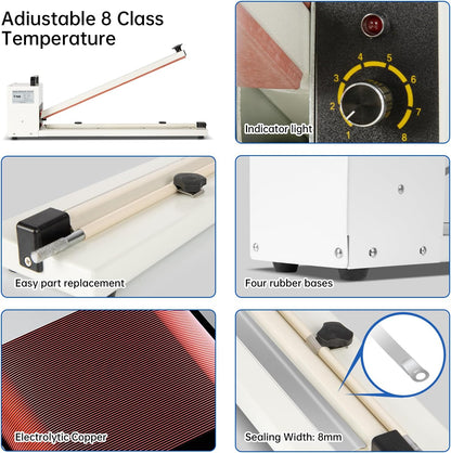 Impulse Heat Sealer with Seal bar, Heavy-Duty Bag Sealing & Cutting Machine, 8mm Sealing Width, 1 Extra Replacement (white, 18 inch)