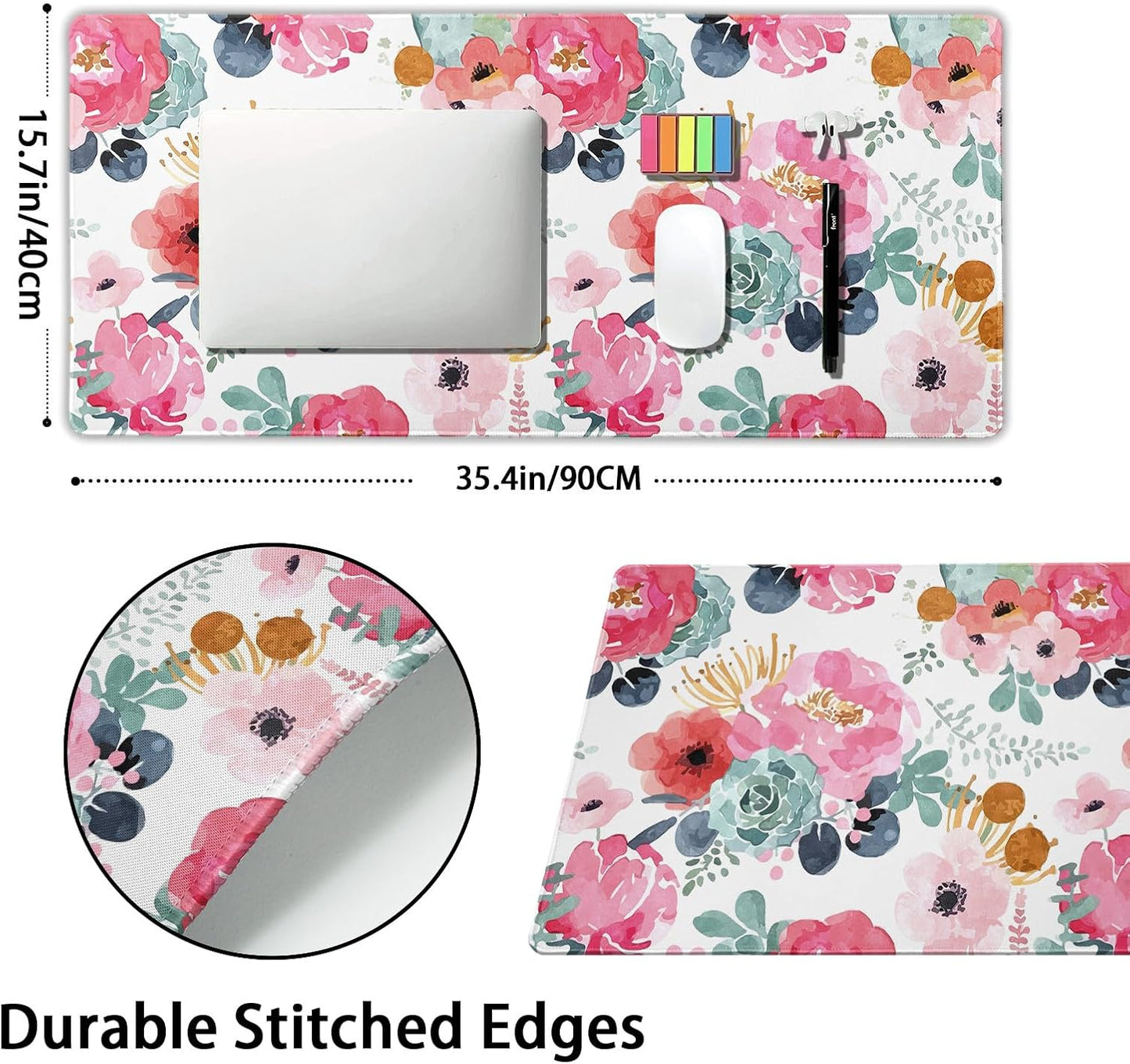Pink Green Flowers Gaming Mouse Pad XXL Cute Watercolor Floral Pretty Extended Desk Pad Trendy Pastel Large Mousepad Non-Slip Rubber Base Stitched Edge Long Table Mat for Desktop, 35.4 x 15.7 inch