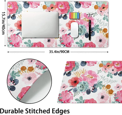 Pink Green Flowers Gaming Mouse Pad XXL Cute Watercolor Floral Pretty Extended Desk Pad Trendy Pastel Large Mousepad Non-Slip Rubber Base Stitched Edge Long Table Mat for Desktop, 35.4 x 15.7 inch