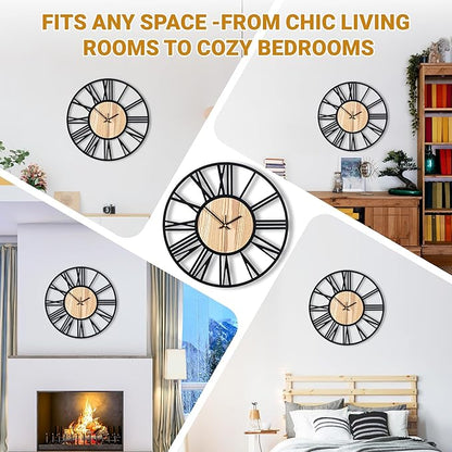 20inch/50cm Large Wall Clocks for Living Room Decor,Bedroom,Battery Operated,Metal,Decorative,Analog,Silent,Non Ticking Big Wall Clock(Wooden Roman Numerals, 20 inches)