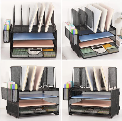 Desk Organizers and Accessories, 3-Tier Paper Organizer with 5 Vertical File Holders, File Organizer for Desk (Black With Drawer, 3T With Drawer)