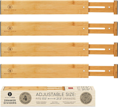 Night Tree Expandable Bamboo Drawer Dividers – Spring-Loaded Wooden Organizers for Clothes, Kitchen Utensils, Bathroom, and Dresser Drawers (18" to 20")