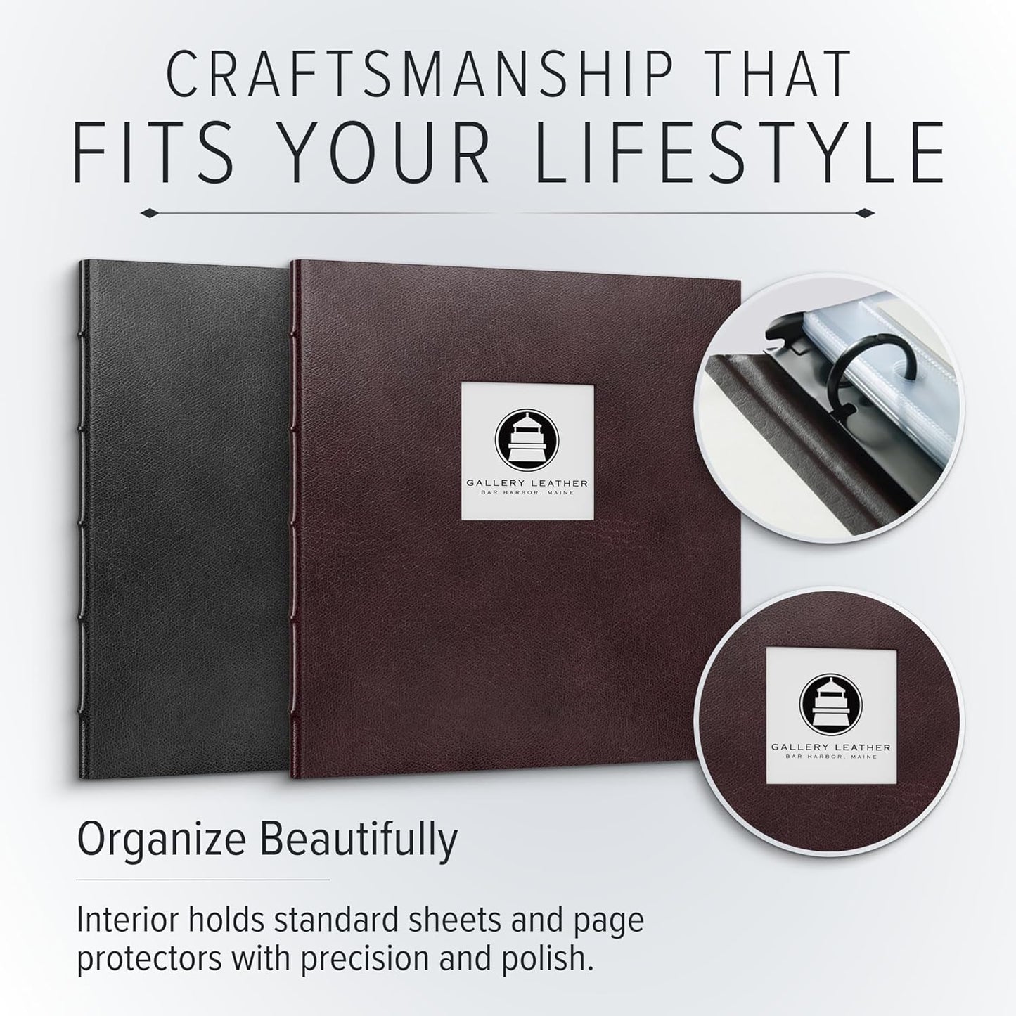 Gallery Leather 3 Ring Binder with Plastic Sleeves, Includes 10 Sheets, Sheet Size: 8.5" x 11" - Presentation Binder Rings with Window and Hubbed Spine, Thick: 1.25" Belfast Burgundy