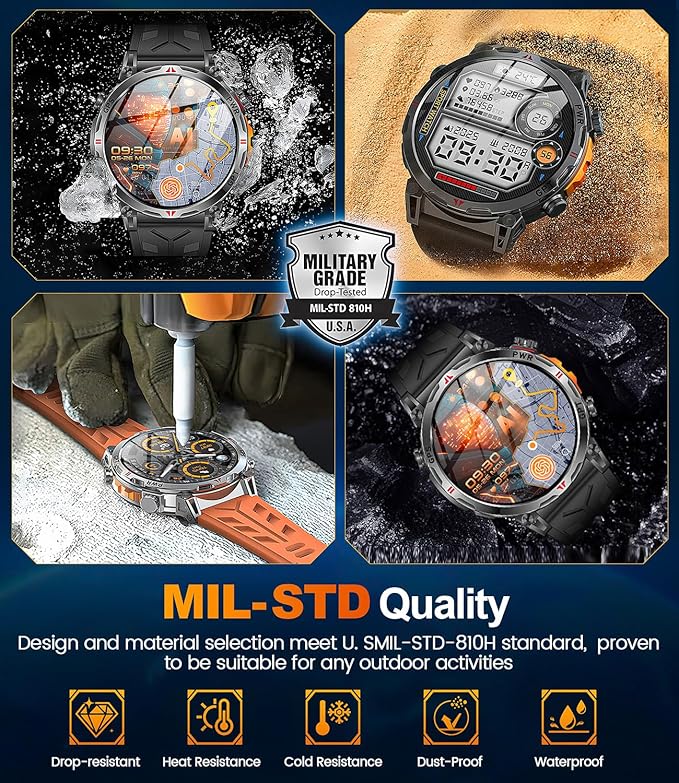 Military Smart Watches for Men GPS, 1.56" AMOLED Screen Bluetooth Call, Smartwatch for Android Phones and iPhone, 100+ Sport Modes, 3ATM Waterproof Smart Watch with Compass(Orange & Blue)