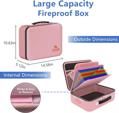 TIGERKING Fireproof Document Box Hard Case with Water-Resistant Zipper, Fireproof File Box with Lock, Document Safe Boxs for Important Documents, Certificates - Pink File Organizer