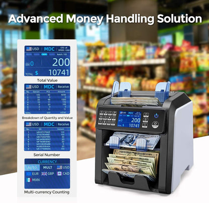 MUNBYN IMC08 Dual Money Counter Machine Mixed Denomination with Reject Pocket, Value Counting, Counterfeit Detection 2 CIS/UV/MG/IR, Sort&Print Enabled Cash Counter, Mixed Bill Counter (White)