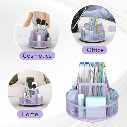 YINGHUA Metal Mesh Desk Organizer with 5 Compartments and Rotating Pencil Holder Pen and Stationery Organizer for Office Home School Anti Slip Base Purple