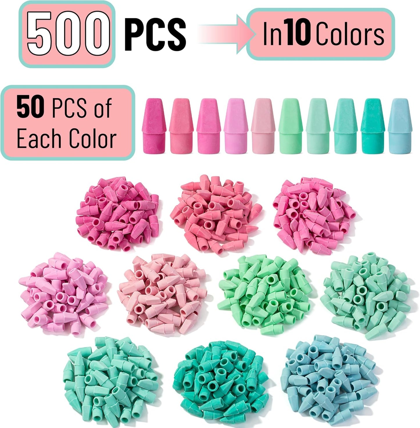 Mr. Pen- Pencil Erasers Toppers, 500 Pack, Colorful, Latex Free, No Smudge, Mr Pen Erasers for Pencils