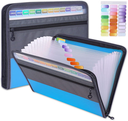 MEGREZ Expanding File Folder with 13 Pockets, A4 Paper File Folder with Zipper Color Labels, Waterproof Accordion File Folder Organizer for Home Office, Blue
