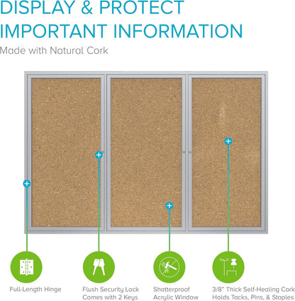 Ghent 36" x 72" 3-Door Indoor Enclosed Bulletin Board with Lock, Cork Material, Shatter Resistant Acrylic Panels, Made in the USA, Satin Aluminum Frame