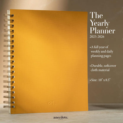 Anecdote 2025 Planner (8.5" x 10") Daily Planner Weekly Monthly Planner - 52 Weeks w/Library Buckram Cover, Brass Spiral - A4 Size Bleed-Resistant Paper – Mustard