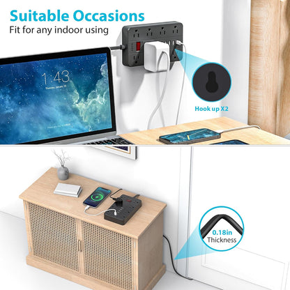 Surge Protector Flat Extension Cord Flat Plug Power Strip, AOFO 8 Widely Spaced Outlets and 6 USB Charger(1 USB C Port), 5 Ft, for Travel, Office, School, Dorm Room Essentials, Black