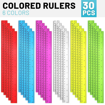 30 Pack Clear Ruler Plastic Rulers 12 Inch Transparent Assorted Color Kids Ruler Bulk for School with Centimeters Millimeter and Inches, Measuring Tools for Student School Office Home