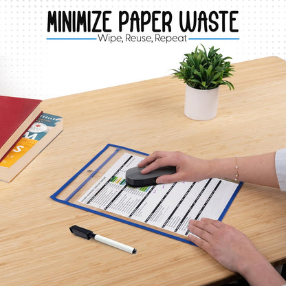 Essex Wares - 5 Pack, Blue, Job Ticket Holders, 10" Wide x 13.5" Tall - Clear Plastic Shop Ticket Holders - Easy to Use, Reusable & Easy Erase Plastic Invoice Holders, Water-Resistant & Durable