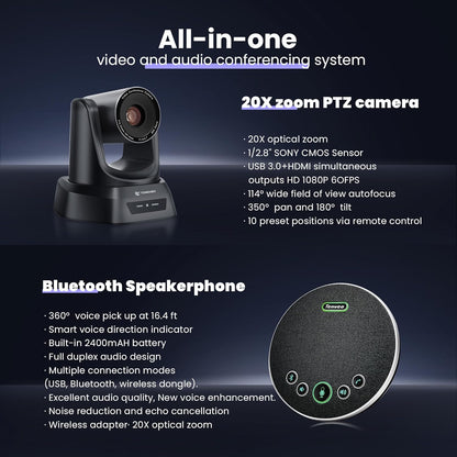 HDMI 20X Optical Zoom PTZ Conference Room Camera System, 1080P 60fps USB3.0 Computer Camera with Microphone & Bluetooth Speakerphone, Easy Setup for Church & Meetings