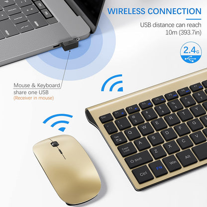 Wireless Keyboard and Mouse Ultra Slim Combo, TopMate 2.4G Silent Compact USB 2400DPI Mouse and Scissor Switch Keyboard Set with Cover, 2 AA and 2 AAA Batteries, for PC/Laptop/Windows/Mac - Gold Black