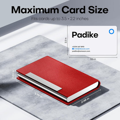 Padike Business Card Holder, Red Faux Leather Wallet with Stainless Steel, RFID Protected